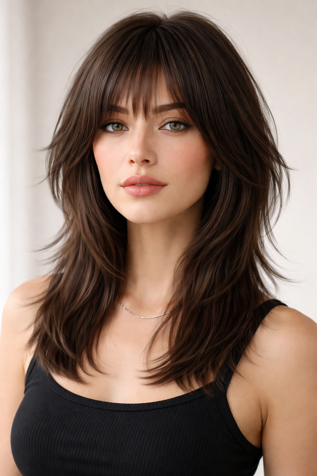 Straight-haired portrait featuring a shoulder-length wolf cut with textured crown