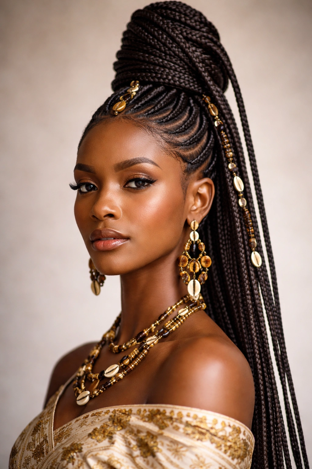 Shuku braids in a tall, dramatic upswept updo