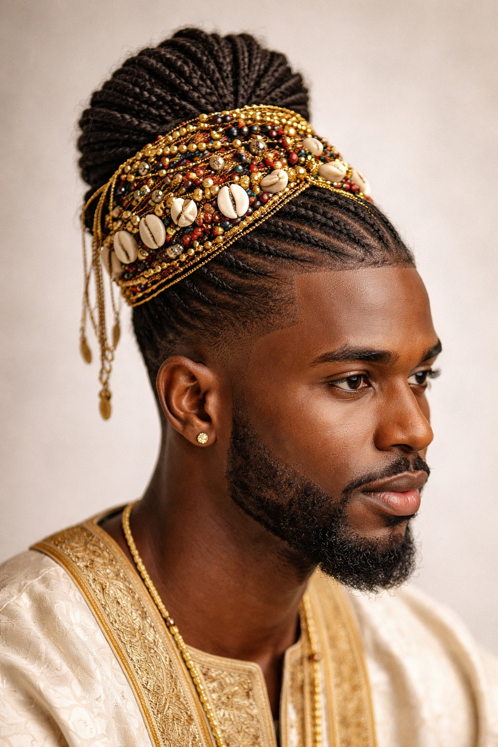 Close-up of Shuku with decorated crown displaying beads, shells, and metallic threads