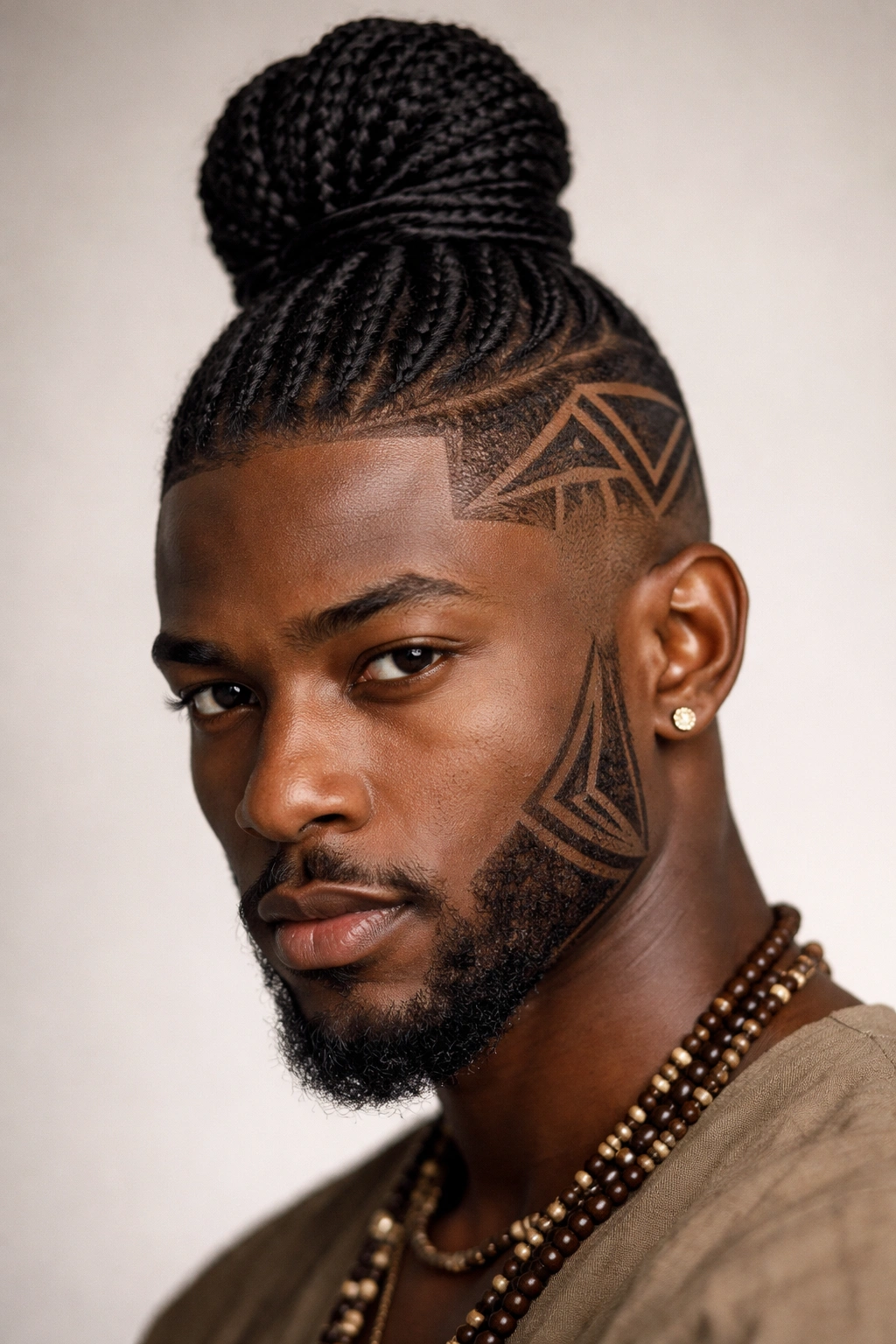 Shuku hairstyle with geometric shaved patterns on the sides