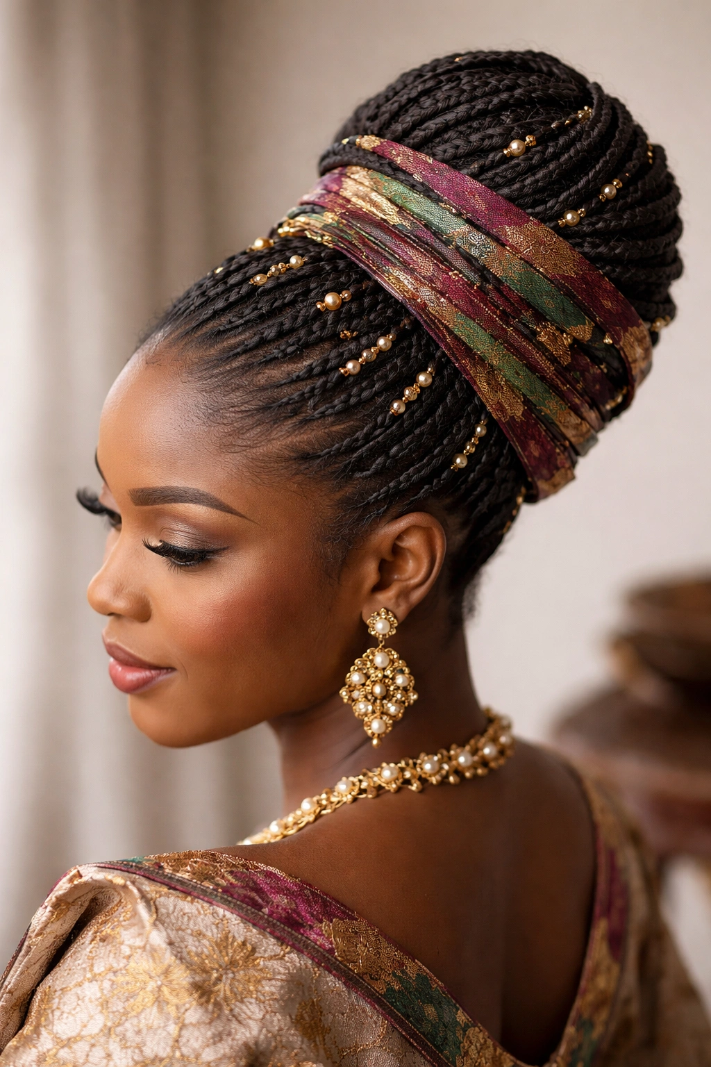 Elegant Shuku updo with fabric wrap and beads