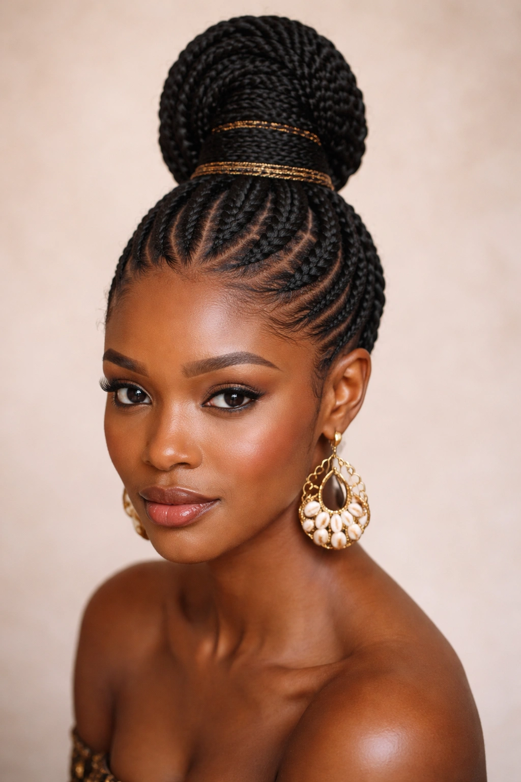 Shuku high knot updo with sculpted top knot on a clean background.