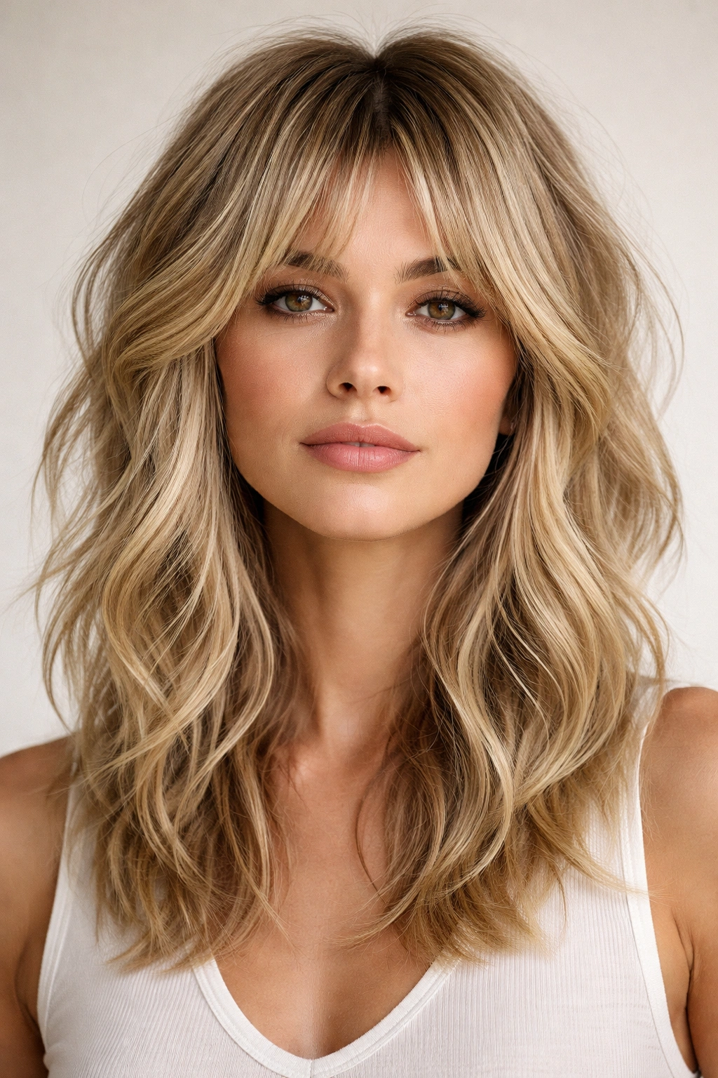 Front-facing view of Modern Shulc hairstyle with textured top and longer bottom in blonde