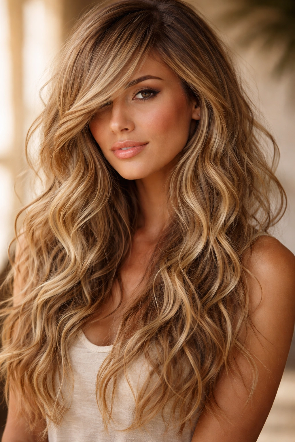 Portrait of dramatic side bangs with loose beach curls.