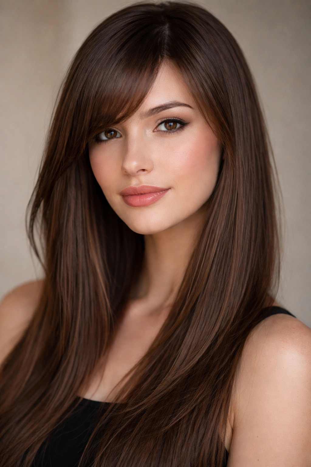 Close-up of side bangs with a soft fade on straight hair