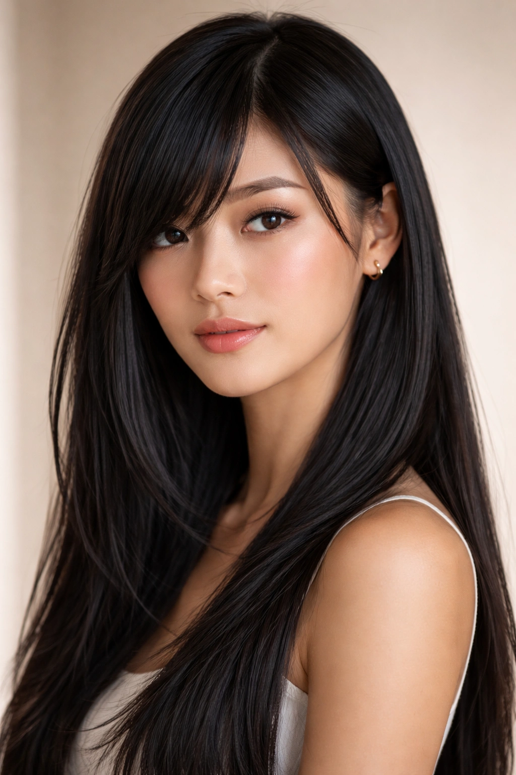 Close-up of Asian woman with straight hair and side-swept bangs.