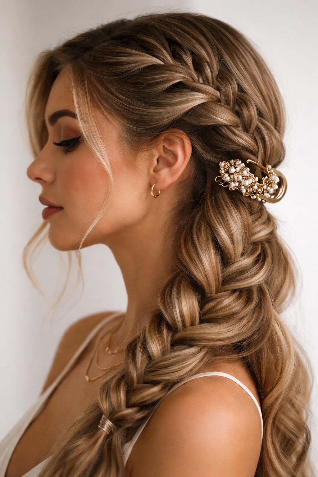 Side view of a French braid with a decorative claw clip near the ear