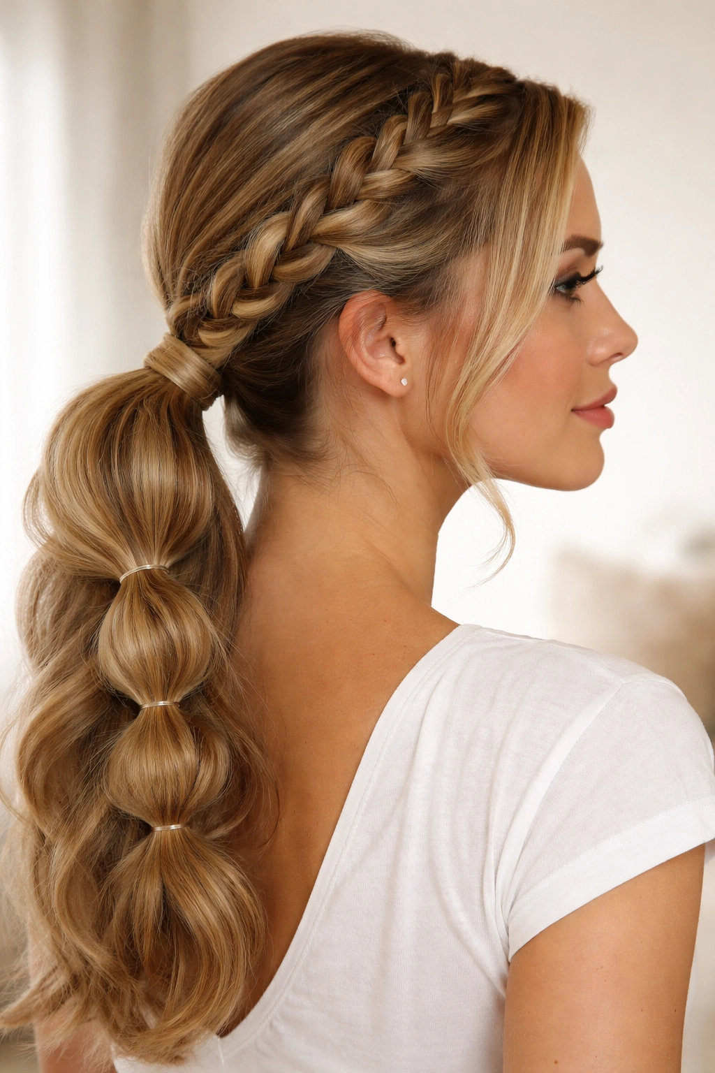 Side braid transformed into a voluminous looped ponytail with multiple loops