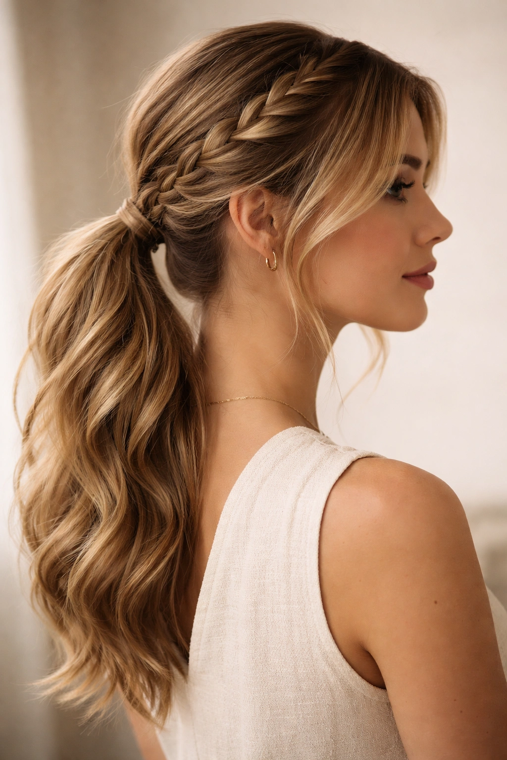 Close-up of a side braid with a mid ponytail on one side