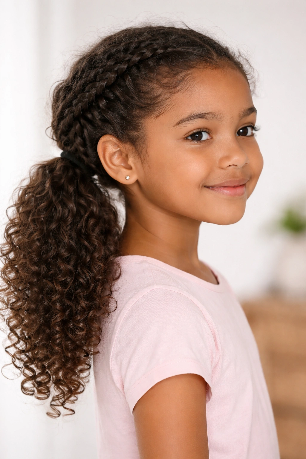 Profile view of a child with a side braid and ponytail stabilizing curly hair