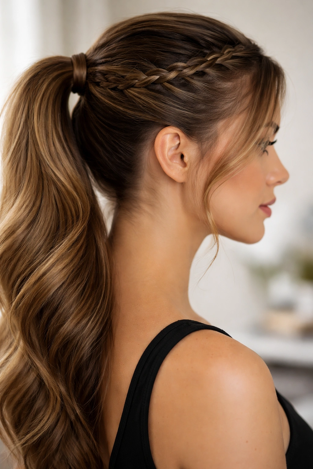 Close-up of a side braided ponytail showing tight scalp braid and secure ponytail