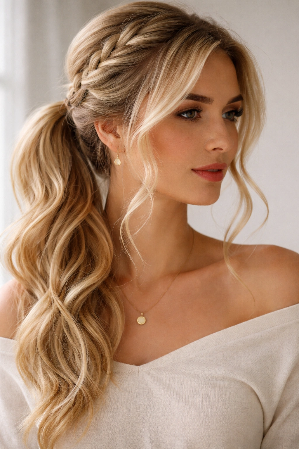 Side-swept braid with loose tendrils framing the face and side ponytail