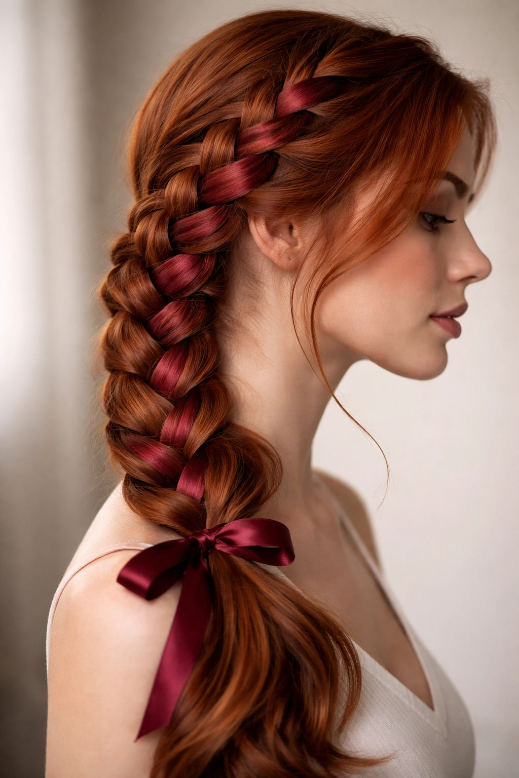 Close-up of side braid with burgundy ribbon woven through red hair in a studio