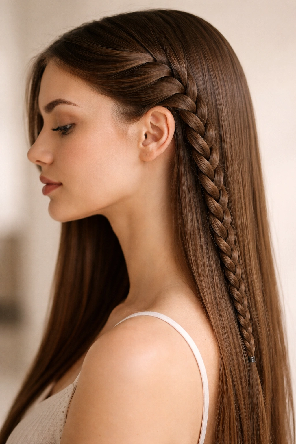Side view of a simple side braid along one side of straight hair.