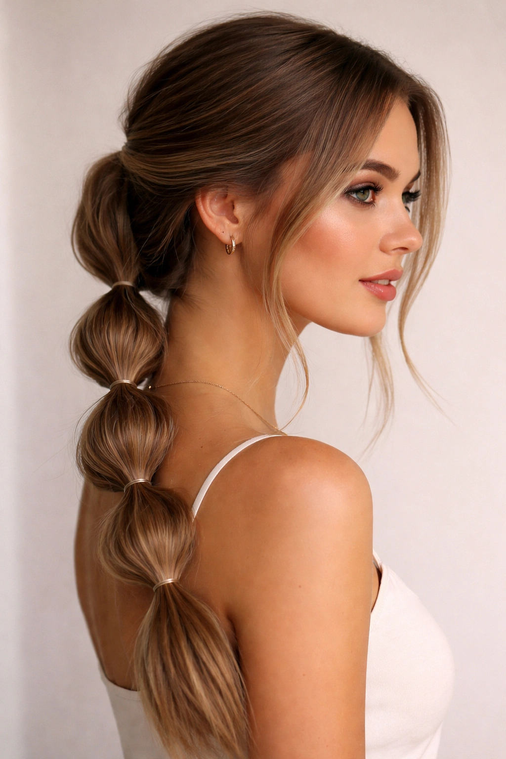 Side view of a sleek bubble braid with wispy face-framing layers on straight hair