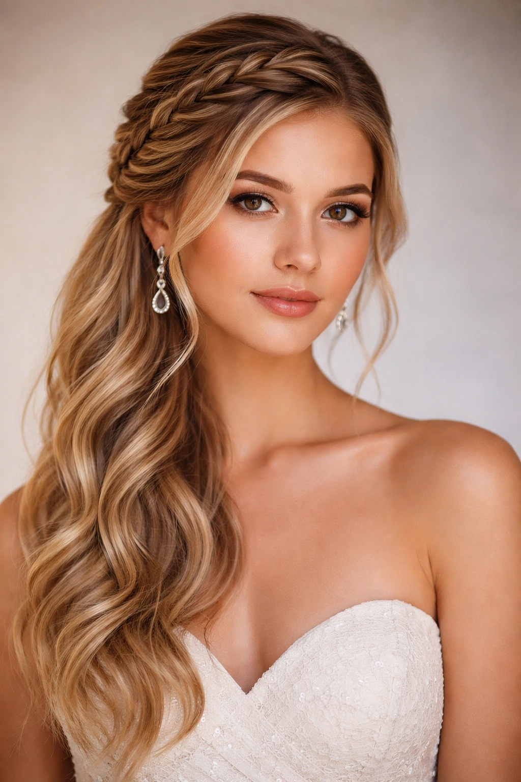 Side-swept braid anchored to one side with soft waves on the opposite side
