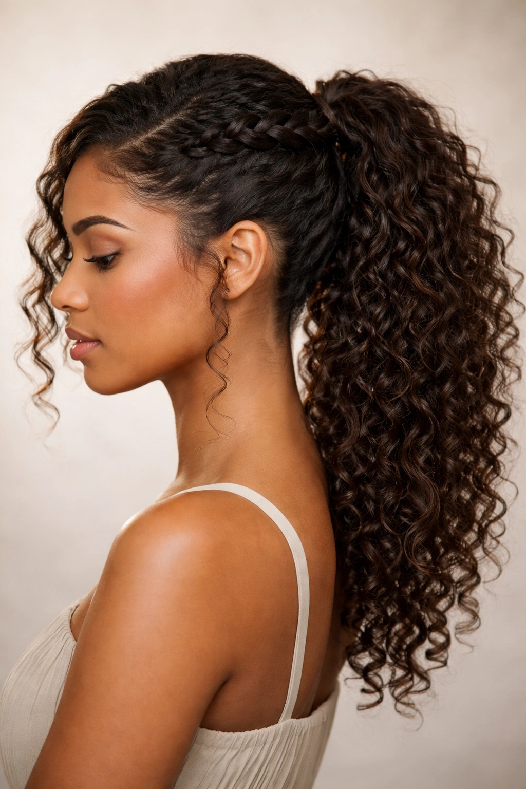 Side braided ponytail with curls featuring a forward braid along the temple