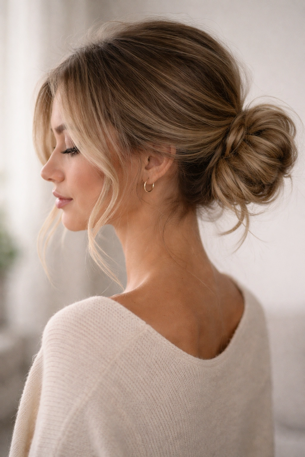 Side view of a side-swept messy bun with hair gathered at the side and soft wisps framing the face.