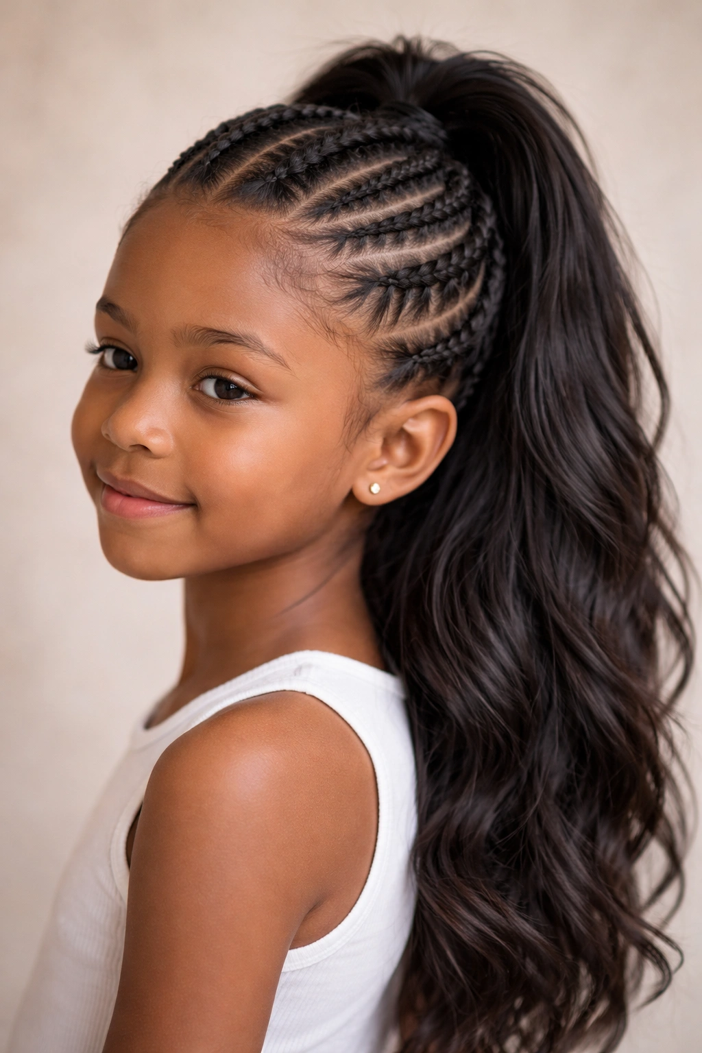 Close-up of side cornrows converging into a high crown pony at the back