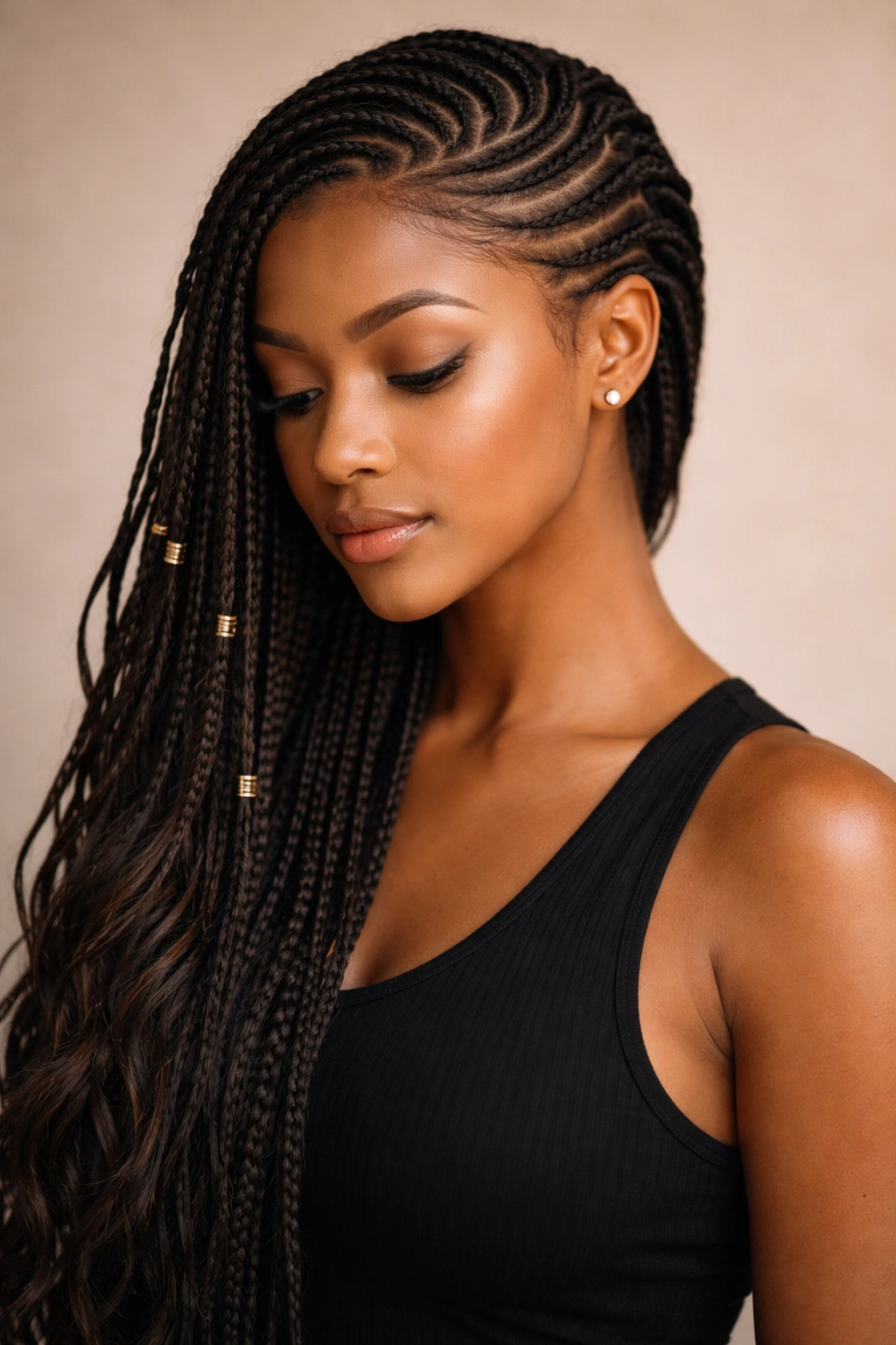 Close-up portrait of a person with long hair in side cornrows, soft studio lighting