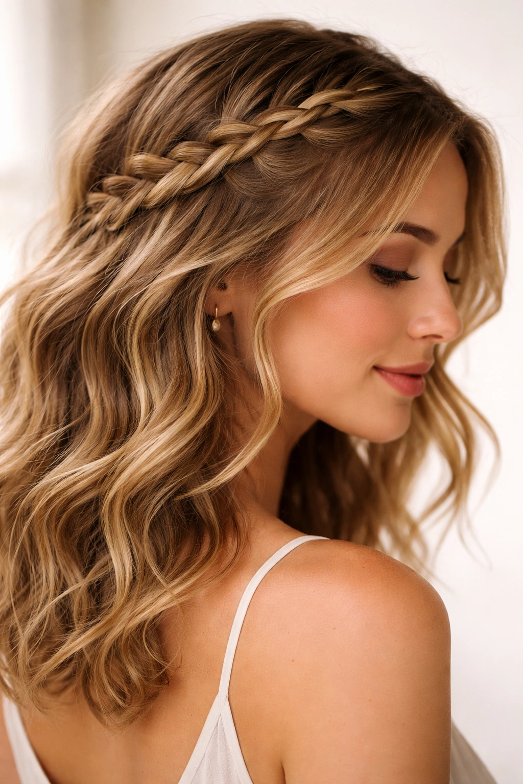 Profile view of a side crown braid with loose waves