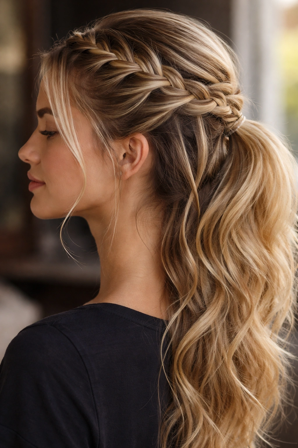 Side French braid with waterfall effect and secured ponytail