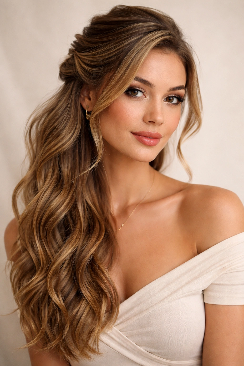 Close-up of a wavy hairstyle with the top section gathered to one side in an asymmetrical half-up