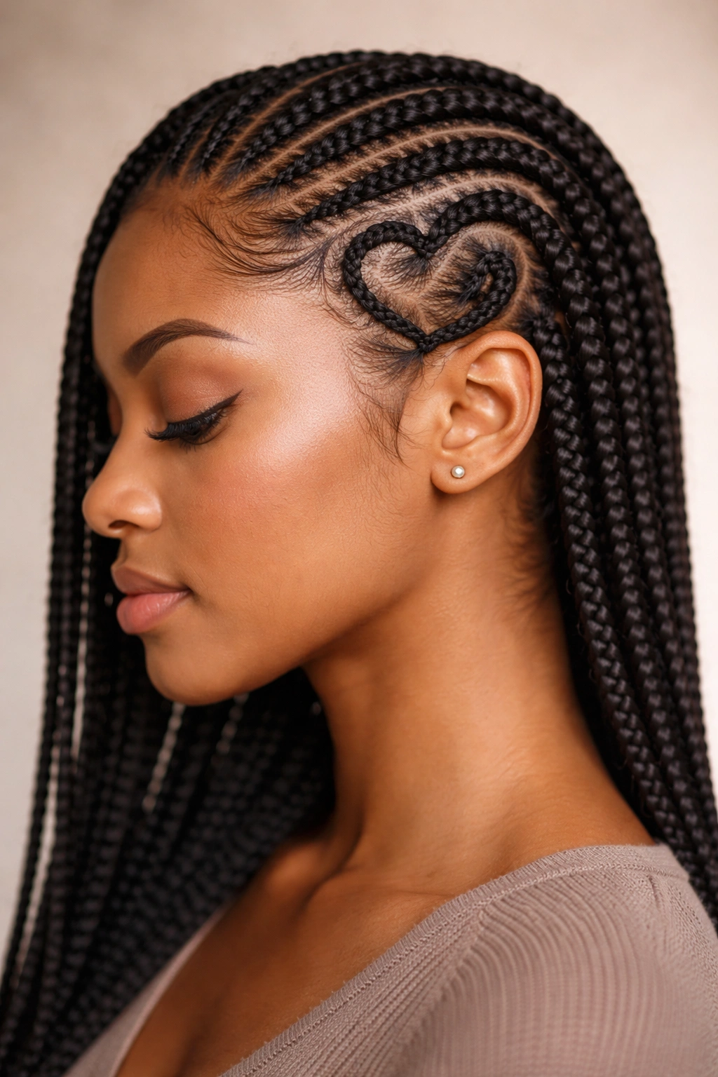 Profile view of scalp with a heart-shaped accent along the temple in cornrows