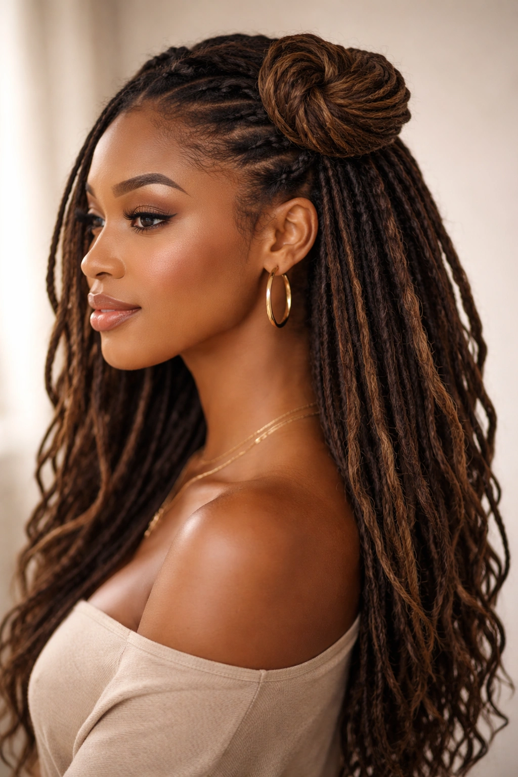 Side knot half-up hairstyle with loose locs