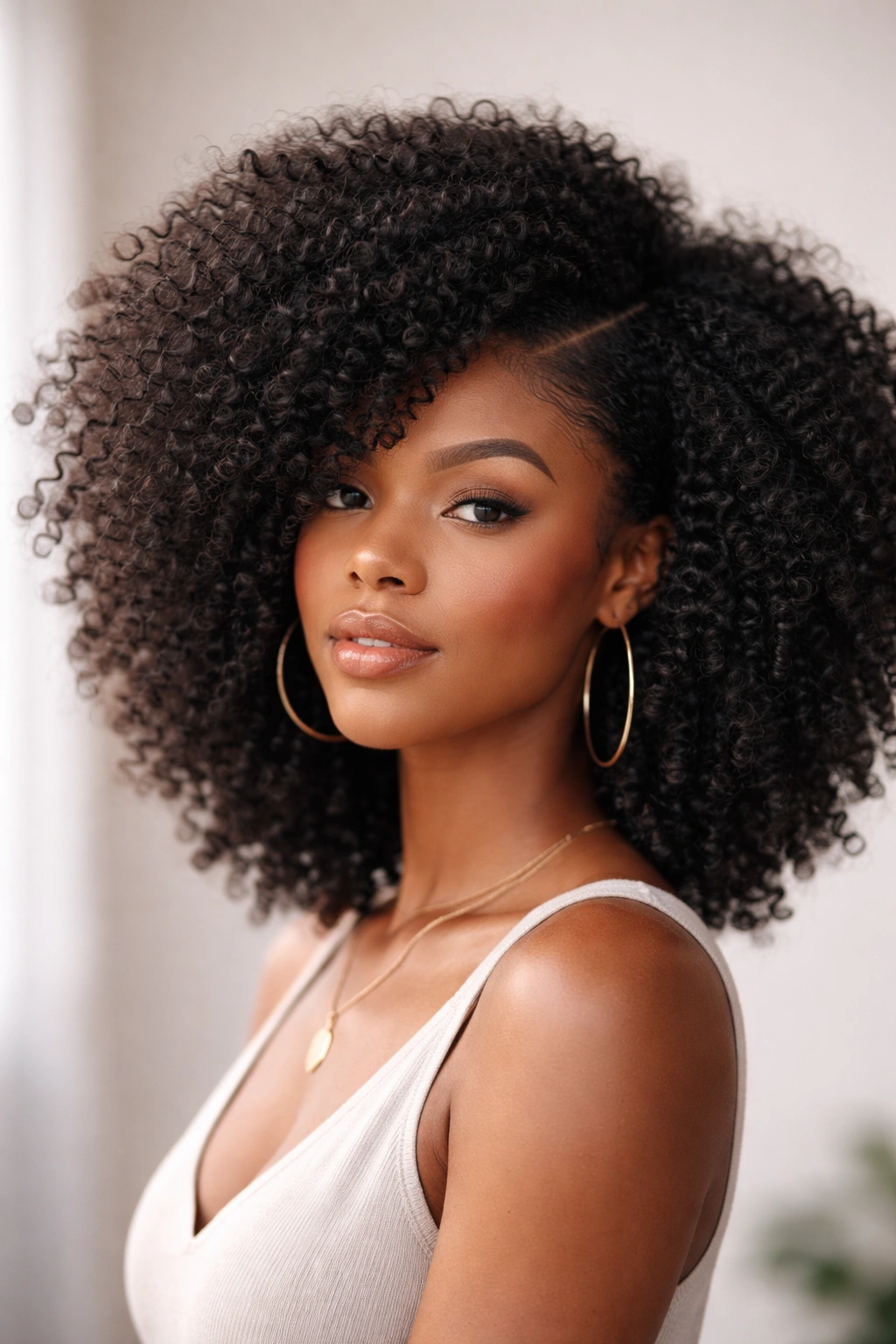 Side-parted natural afro with defined dimension and lifted crown