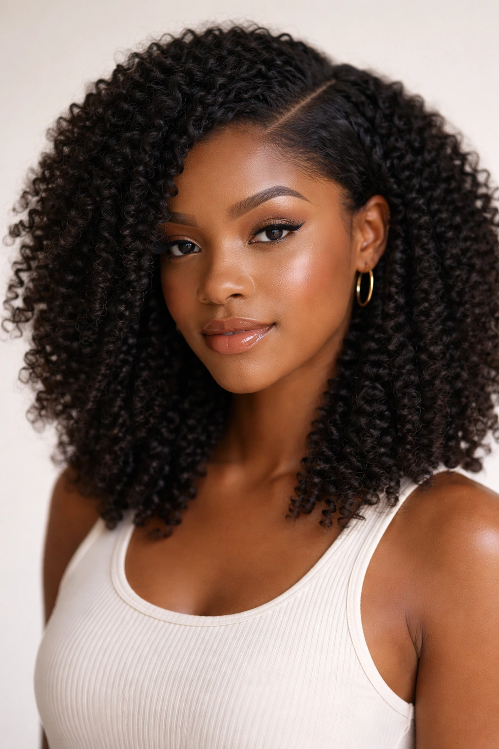 Coily hair with a sharp side part and loose drape framing the face