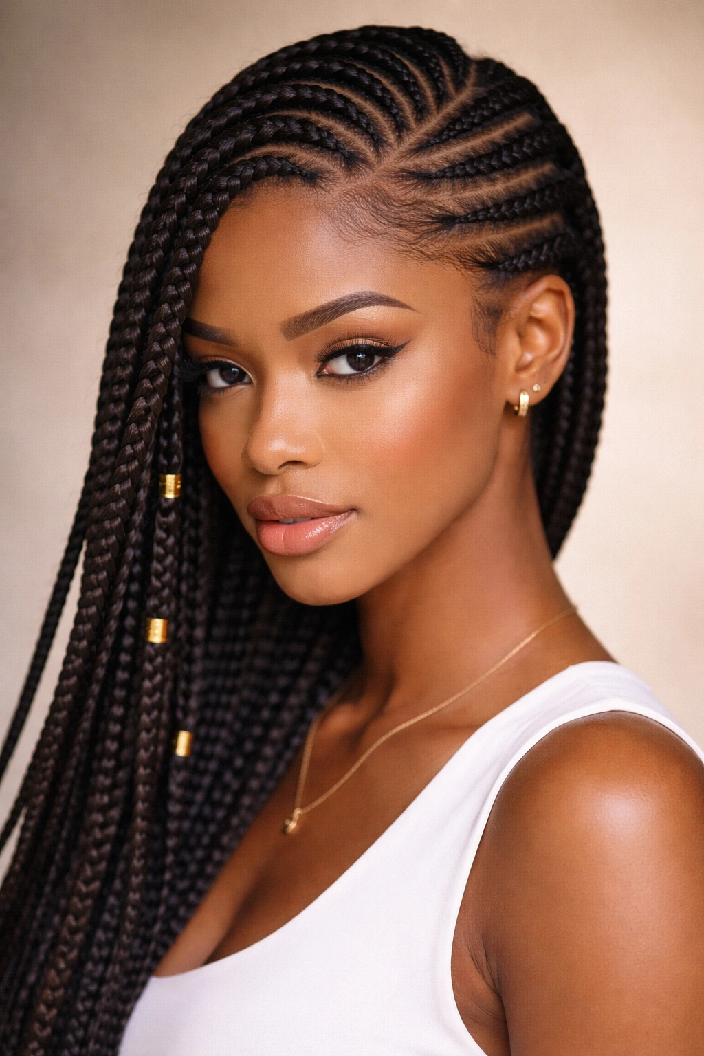 Side-part straight back cornrows with asymmetrical box braids