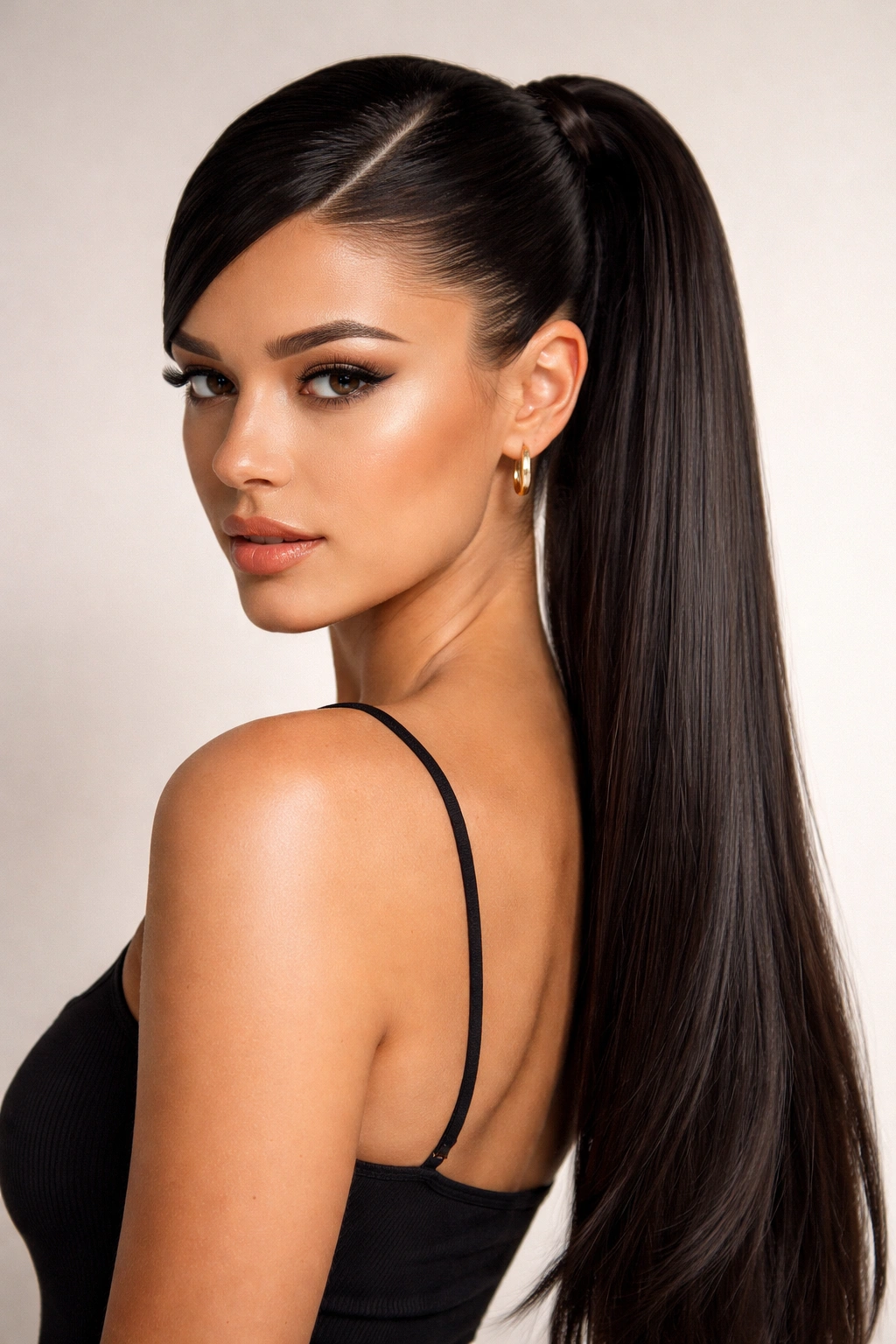 Sleek ponytail with a sharp side part and visible extensions for added length