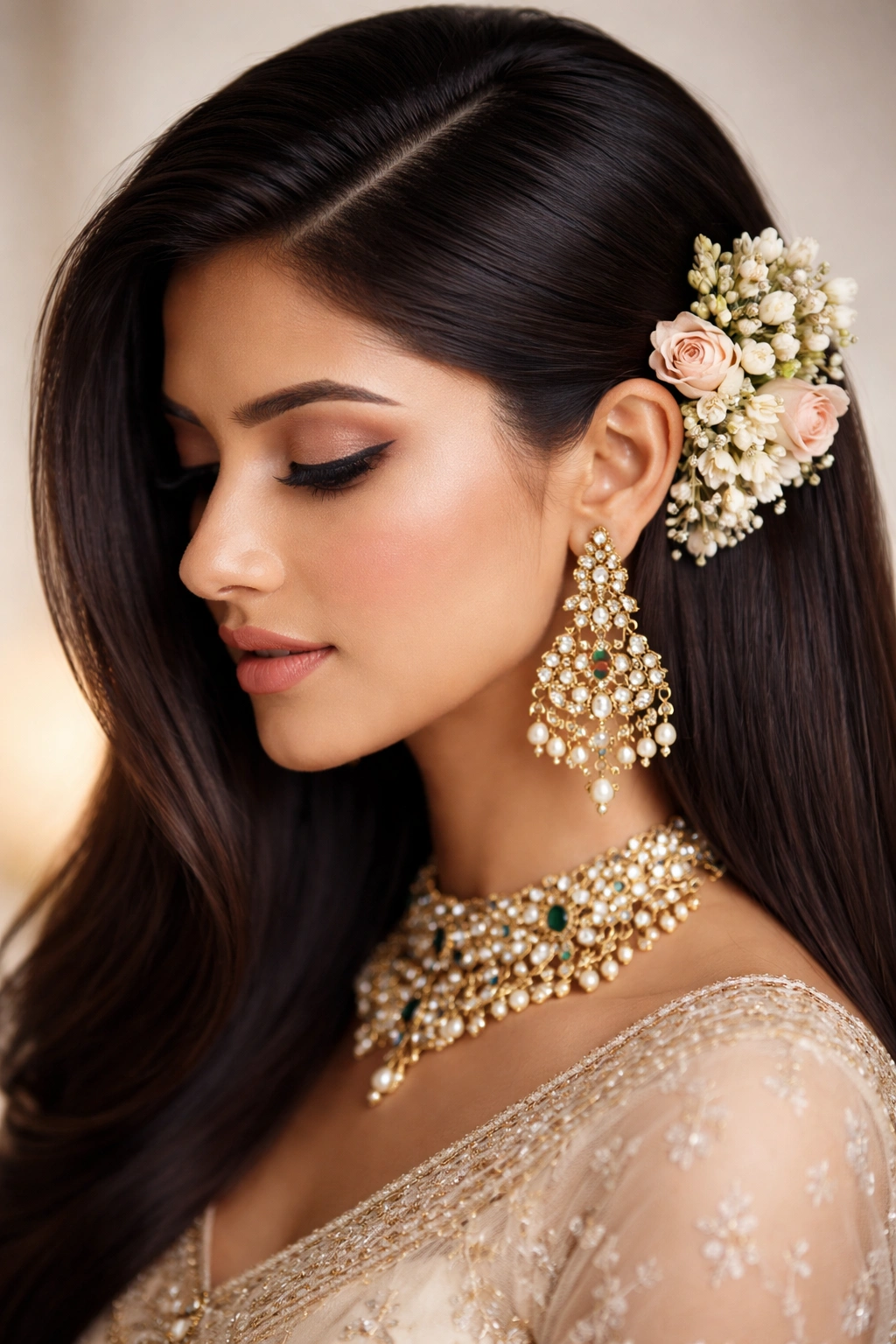 Close-up of sleek side part with temple flowers on straight hair
