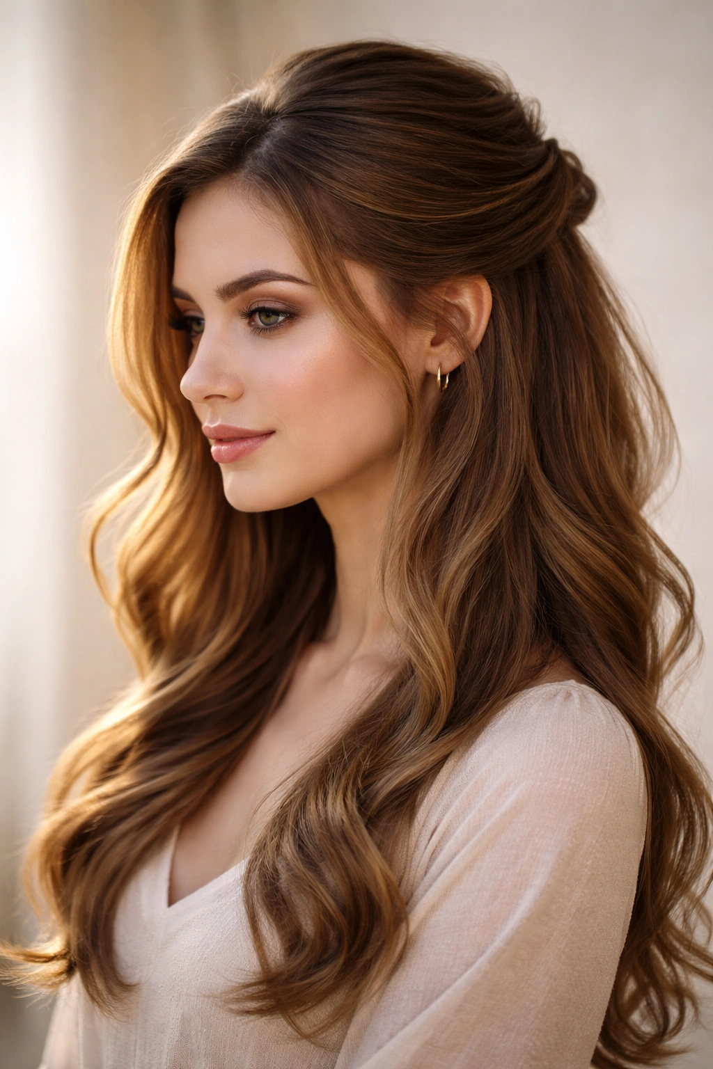 Romantic side part half up with large section back and face-framing side down