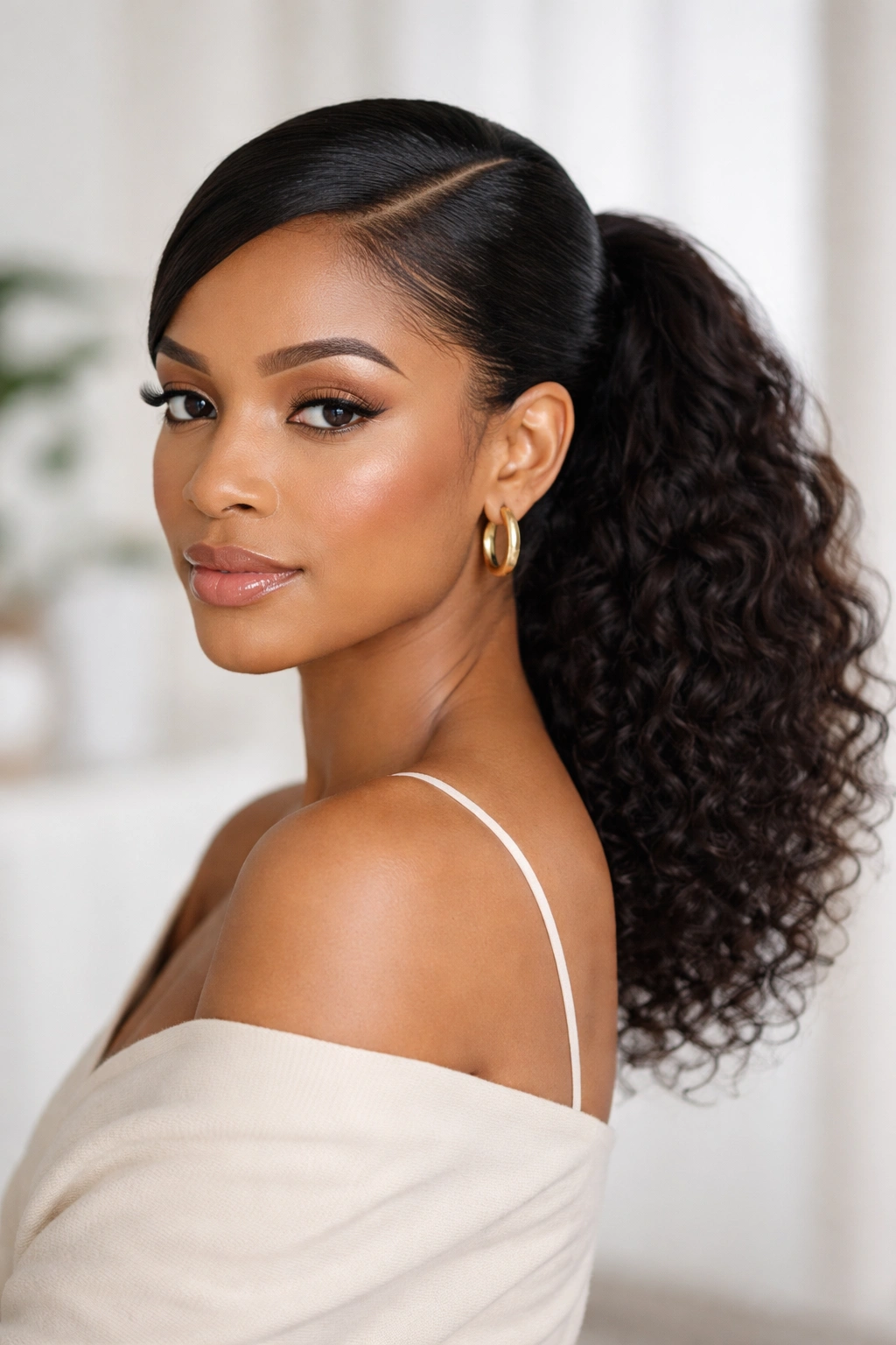 Portrait of a person with a side-part ponytail highlighting natural hair texture in a neutral studio