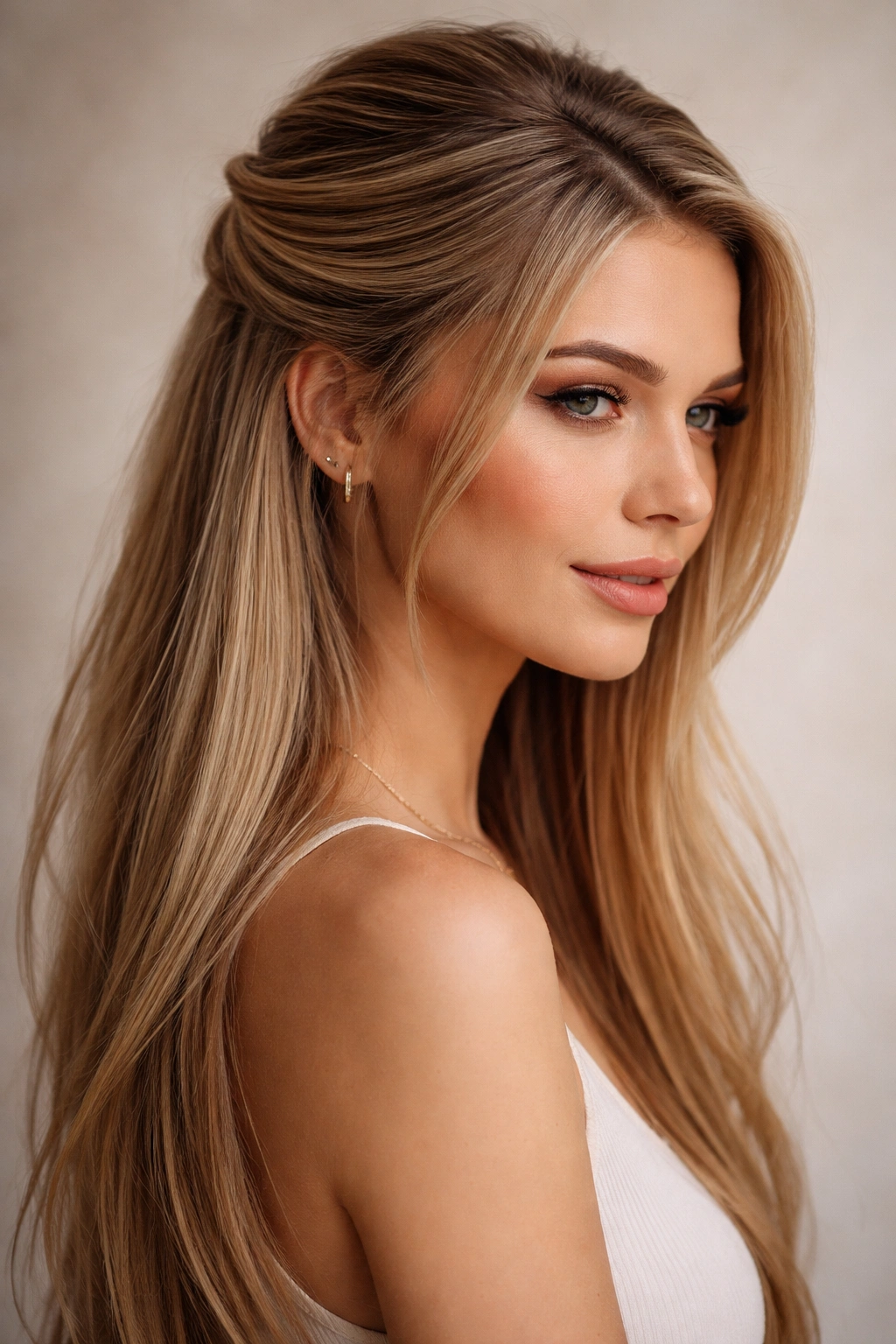 Side-parted half-up hairstyle with textured crown on long straight hair