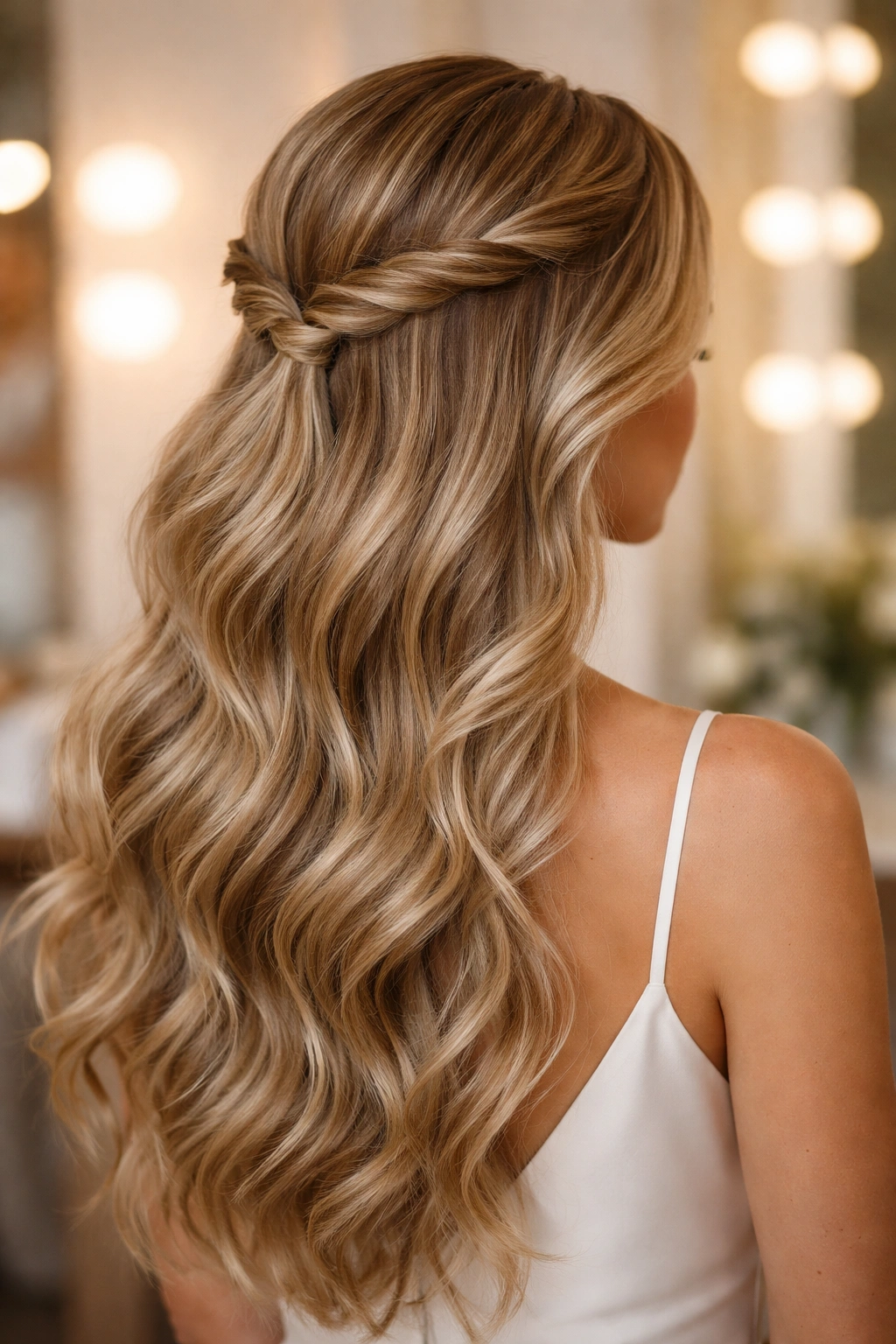 Side-parted hair with twisted front sections into a half-up ponytail and loose waves