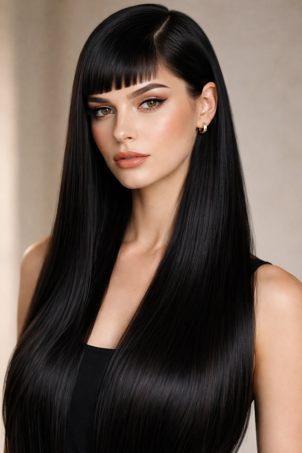 Close-up of a straight hair model with a sleek side-parted midi and micro bangs against a neutral studio backdrop