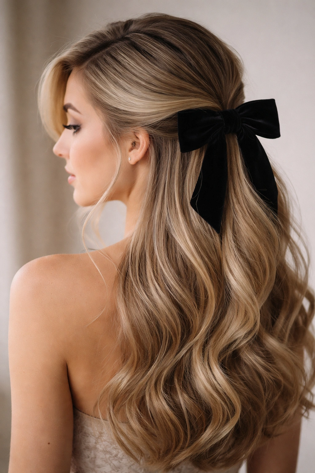 Back view of side-parted half-up hairstyle with bow.