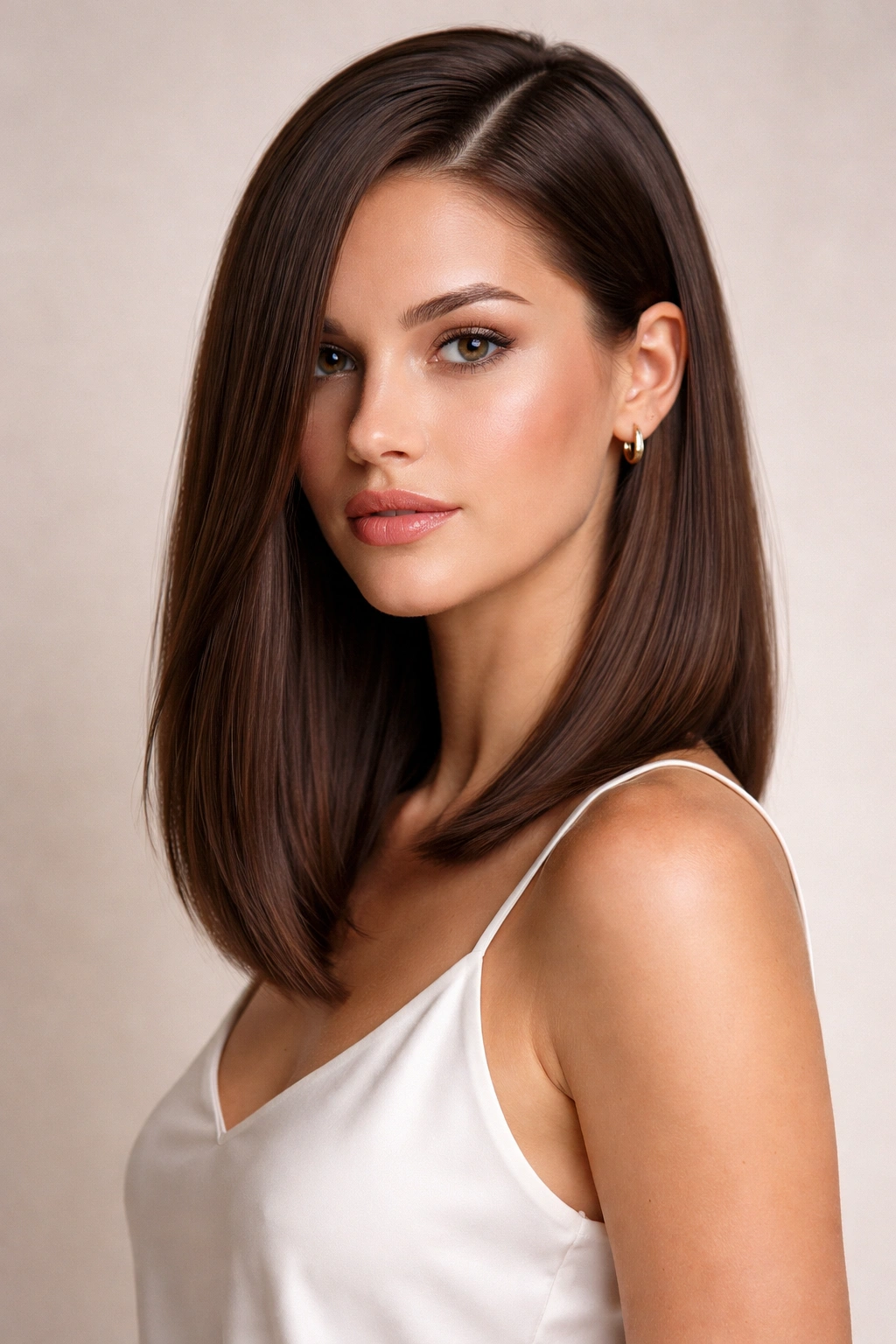 Sleek side-parted lob with deep part on straight hair