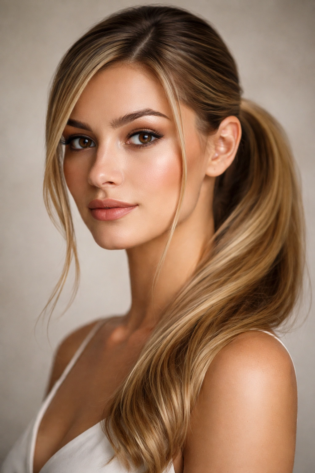 Close-up of a sleek side ponytail with two face-framing strands at the front