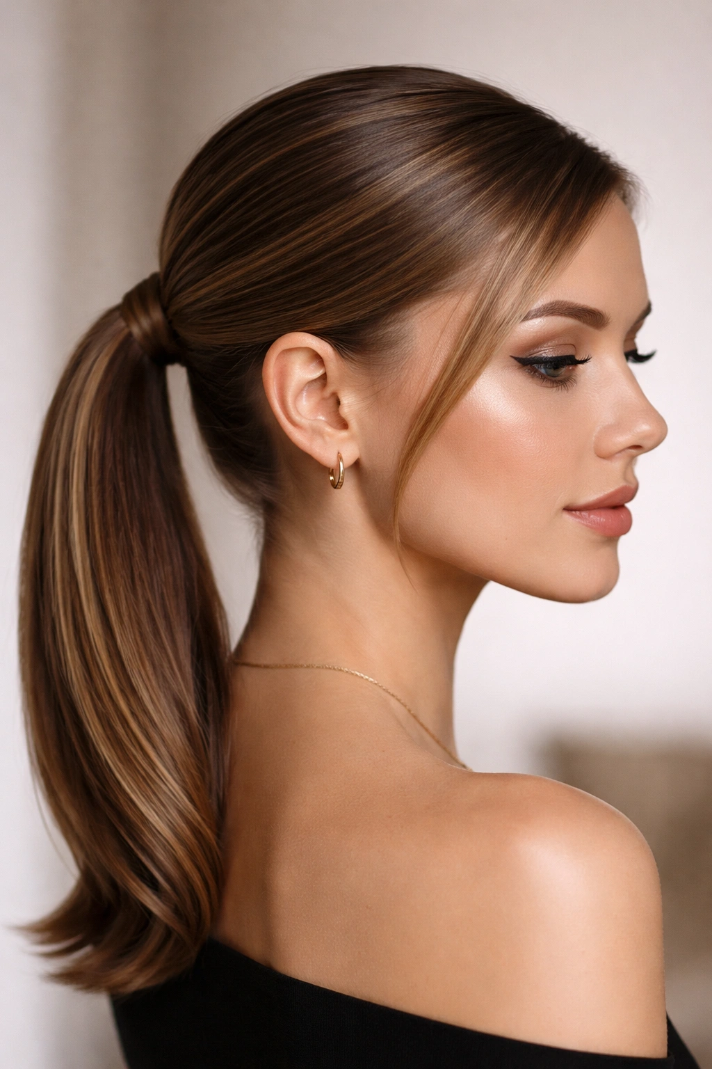 Side ponytail swept to the side behind the ear with sleek finish