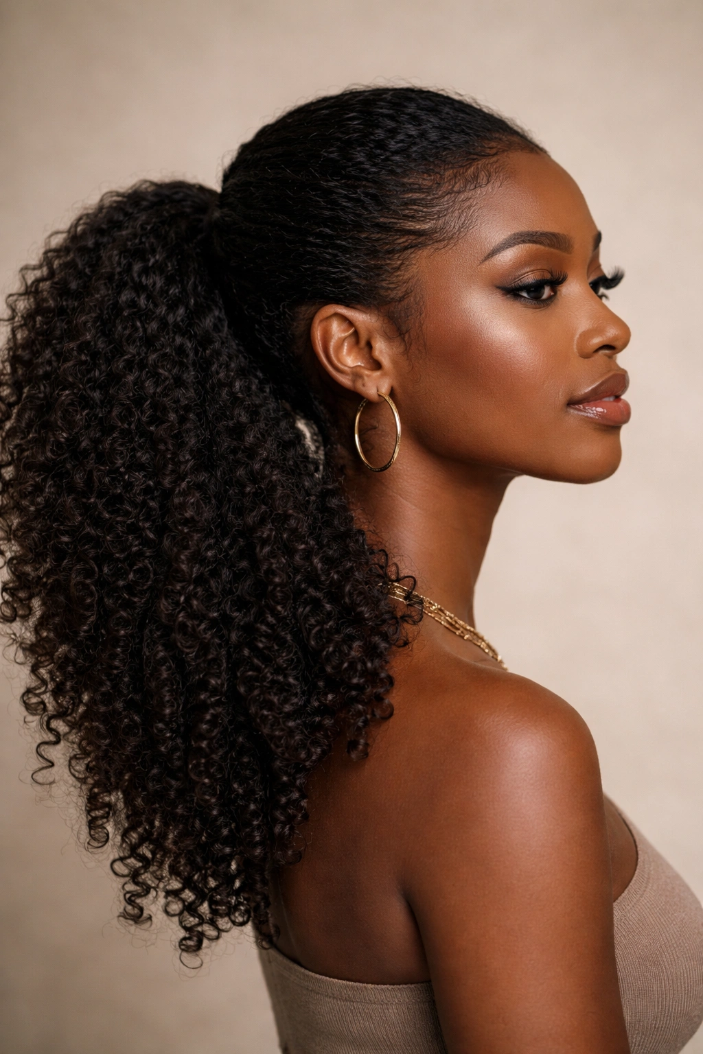 Profile of a Black woman with a side-swept 4C ponytail.