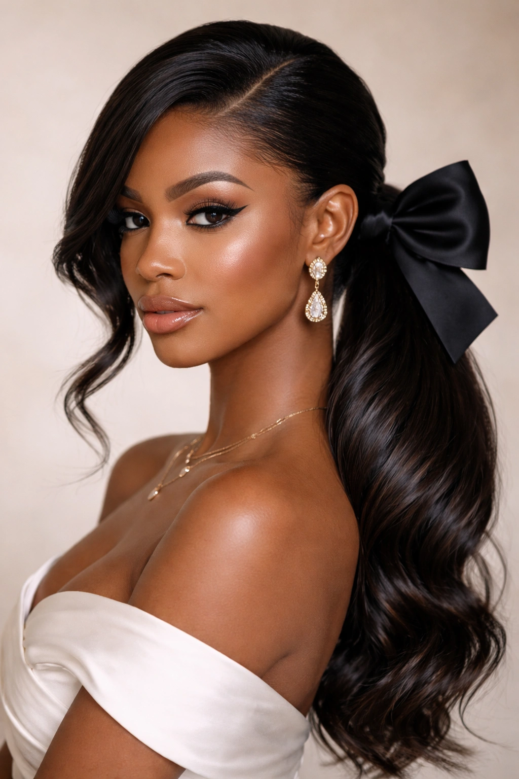 Side-Swept Ponytail with Statement Bow close-up emphasizing asymmetric profile and bold bow.