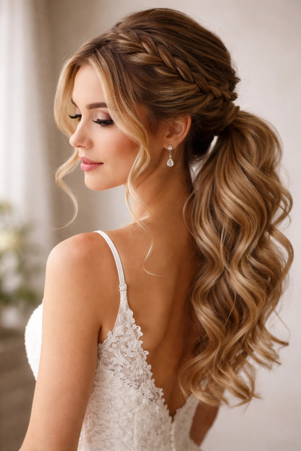 Side ponytail with wrapped braid and face-frame curls, romantic bridal hairstyle with loose curls