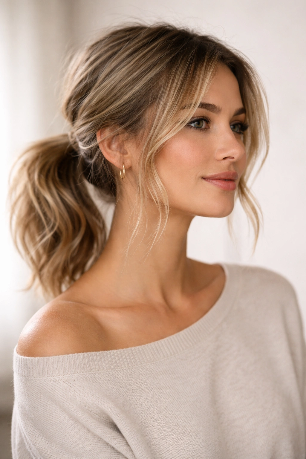 Side view of short hair in a loose side ponytail with face-framing pieces