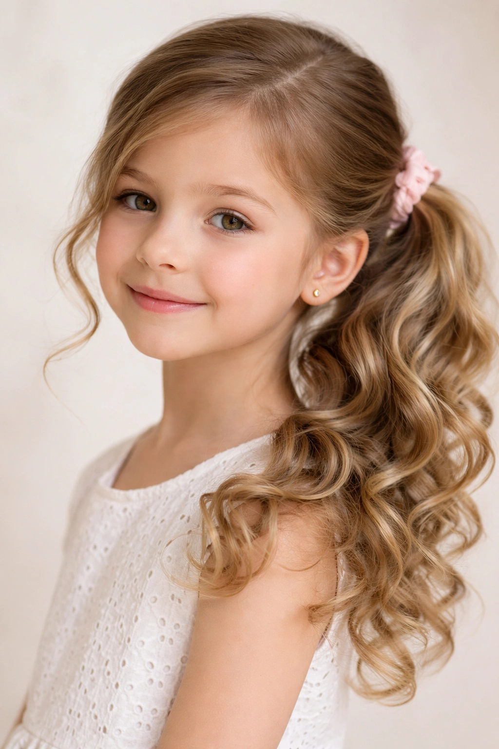 Side ponytail with loose curls cascading from the ponytail.
