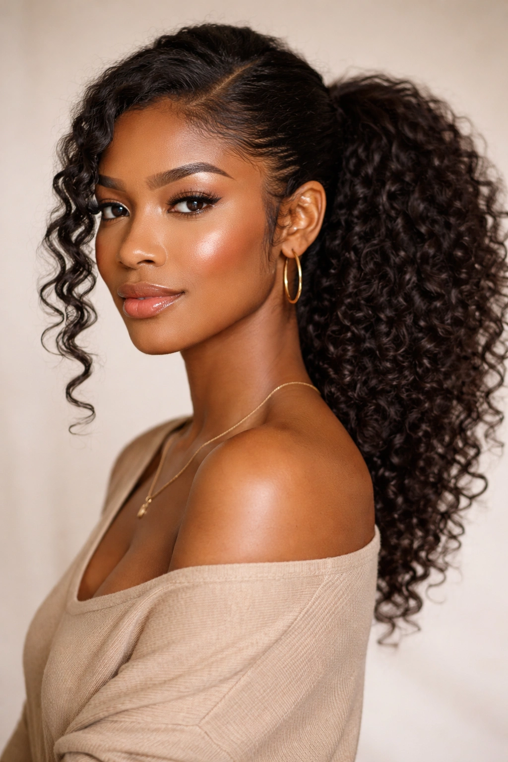Side view of a Black woman with a textured side ponytail and face-framing curls