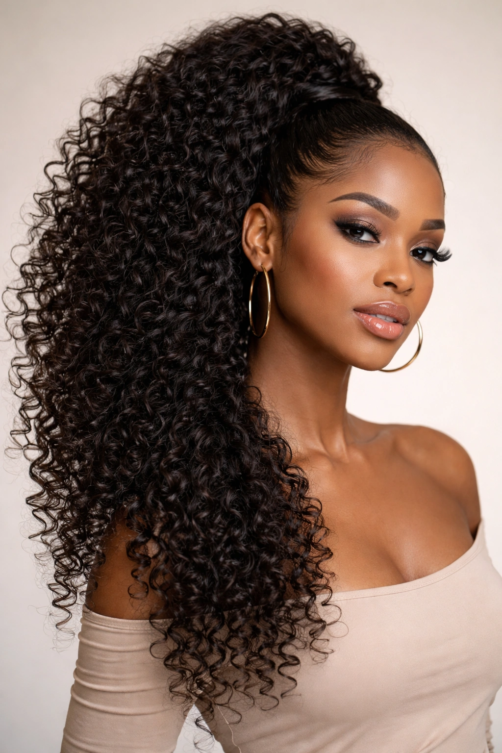 Close-up of a person with a voluminous side ponytail and defined curls on one side
